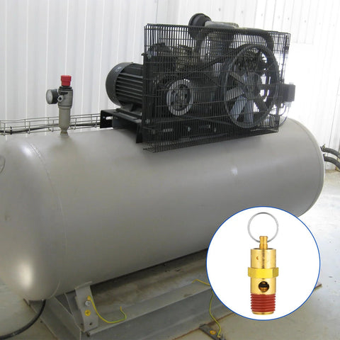 Air compressor receiver with protective cage and mounted fan; left relief valve; inset shows brass 1/4-in relief valve.