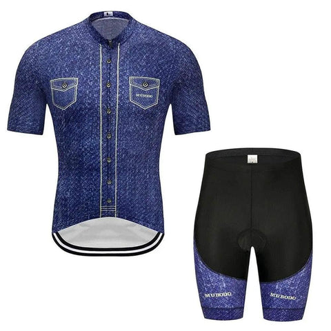 Blue denim-style cycling jersey and black shorts set with matching accents, displayed on a white background.