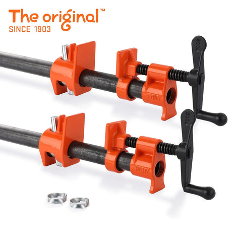 PONY wood-gluing pipe clamp fixtures, 2-pack, orange clamps on black 3/4-inch pipes with metal rings