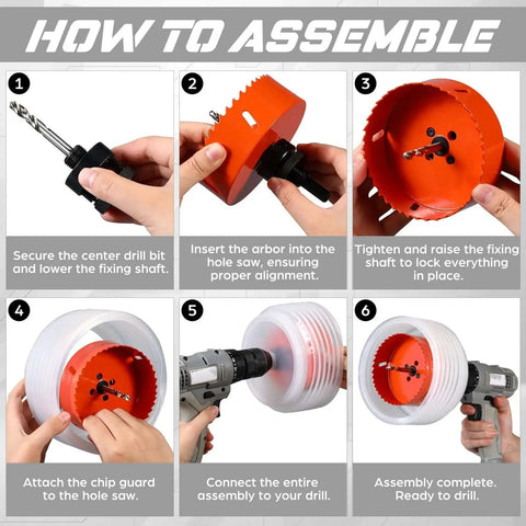 Assembly instructions for Hole Saw Set For Recessed And Can Lights With 4 Inch And 6 Inch Cutters And 2 Dust Bowl Dust Collection Kits