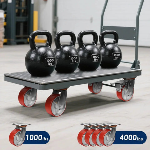 Beefy Heavy Duty 5 X 2 Inch Swivel Casters Set Of 4 With Polyurethane Treads And Cast Iron Cores, 4000 Lb Capacity on platform truck