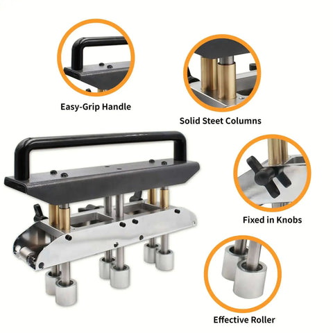 Three Station Sheet Metal Bender for 0 to 90 Degree Bends with easy-grip handle, steel columns, and knobs, roller bender tool