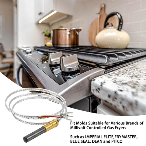 Robertshaw thermopile 36in, 250-750 mV, 2-lead with PG9 adapter; braided sensor cable shown by gas stove.