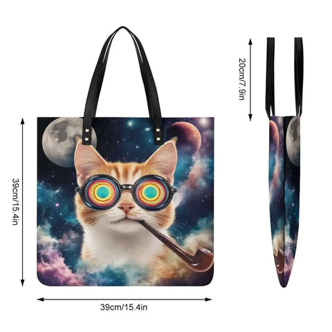 Leather Tote Bag For Women With Magnetic Buckle Large Capacity Work Travel Shoulder Bag Durable Scratch Resistant Carryall For Laptop And Essentials Easy To Clean Everyday Bag For Shopping Or Commute featuring a colorful cat in a galaxy design