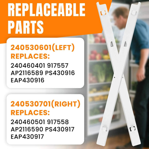 Refrigerator Pan Hanger Set Left 240530601 & Right 240530701 replacement rails displayed with their compatible models