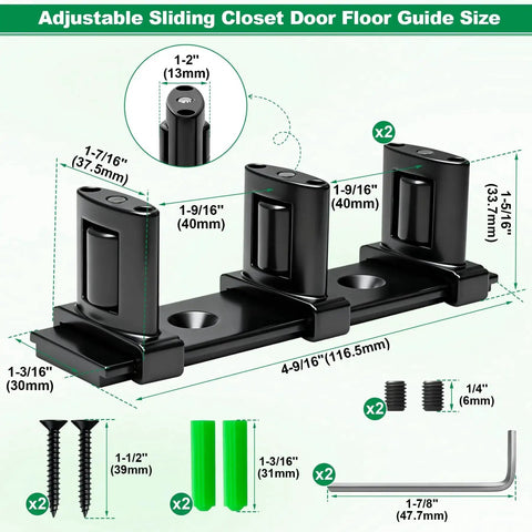 Three Roller Adjustable Floor Guide Kit For Double Bypass Sliding Doors Black Floor Mount Guides Two Pack Independent Roller Adjustment For Different Door Thickness Smooth Quiet Operation Durable Upgrade For Closet And Barn Doors