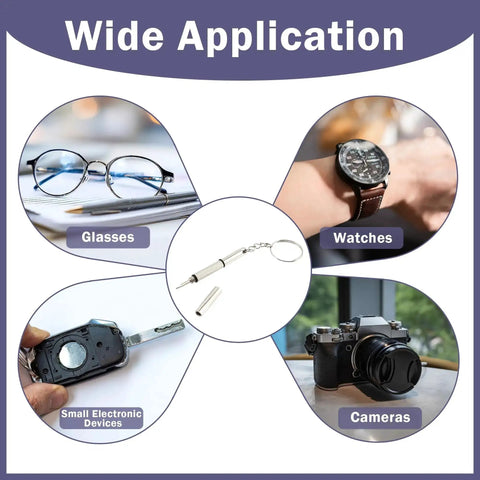 3 In 1 Glasses Repair Kit With Mini Portable Screwdrivers On Keyring, shown for use on glasses, watches, small electronics, and cameras
