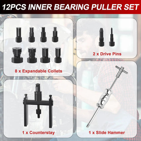 12 Piece Blind Hole Bearing Puller Kit With Slide Hammer For Motorcycles, includes 8 expandable collets and tool components.