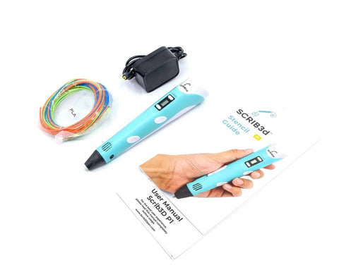 3D Printing Pen With Display And Starter PLA, Stencil Book Plus Project Guide alongside power adapter and PLA filament.