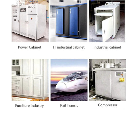 Various industrial and furniture cabinets with applications including power, IT, industrial, furniture, rail transit, and compressor use.