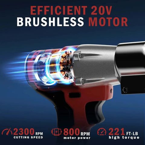 Close-up of cordless metal shear tool with efficient 20V brushless motor, highlighting 2300 RPM cutting speed and 221 ft-lbs torque.