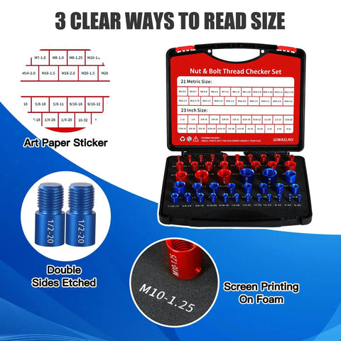 Nut And Bolt Thread Gauge Kit 44 Piece Case With Detachable Gauges 23 Inch And 21 Metric Sizes Fast Thread Identification For Tricky Narrow Areas In Confined Spaces showing a set with size charts and colorful gauges.