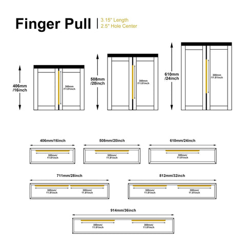 Diagram showing dimensions of Edge Finger Pulls For Cabinets And Concealed Drawers, Aluminum Long Handle Hardware In Brushed Brass Finish.