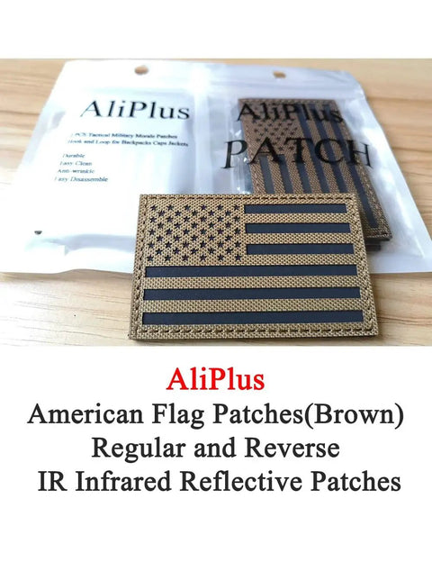 Two Pack American Flag Patches Infrared Reflective With Laser Cut Edges Regular And Reverse Fit Brown Color 3.15 By 2 Inches