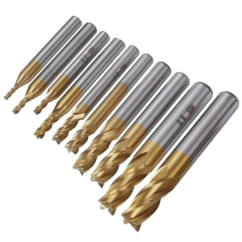 Ten Pack 4 Flute Titanium Coated End Mills Set For CNC Milling In Wood Aluminum Steel Titanium Range 5 64th Inch To 3 8th Inch HSS Straight Shank Cutter Bits For DIY Makers And Pros
