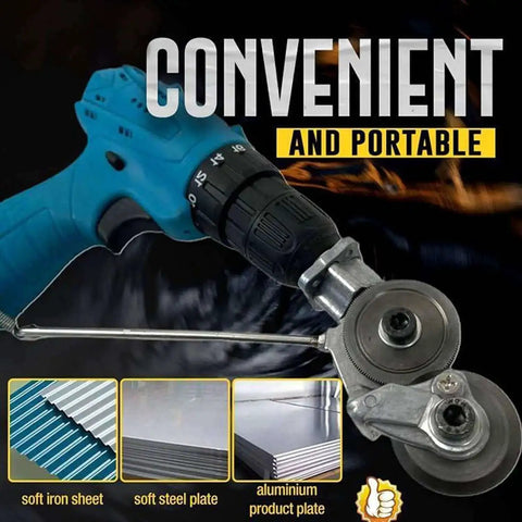 Metal Nibbler Drill Attachment for Fast Metal Cutting visible with soft iron, steel, aluminum examples, labeled 'Convenient and Portable'