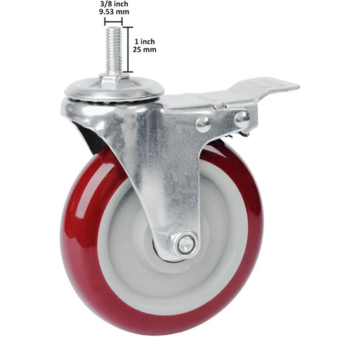 Swivel caster wheel, front view: 5-inch red polyurethane wheel with threaded stem and brake lever