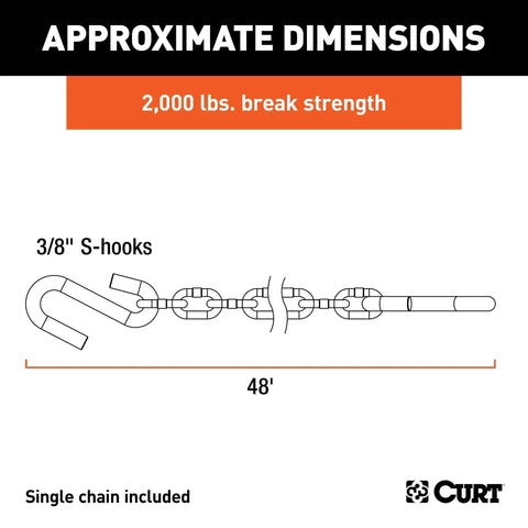 Diagram of 48 Inch Trailer Safety Chain With Three Eighths Inch S Hooks, showing 2000 lb break strength, by CURT.
