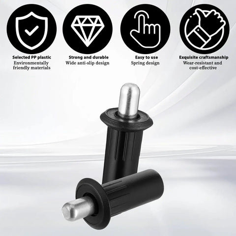 8 Piece Black Metal Cabinet Door Damper Pins Spring Loaded Telescopic Pivot Pins For Cabinet Doors And Shutters Furniture Repair And Maintenance Kit For Quick Home Repairs, showing close-up of two black spring-loaded pins with silver tips against design elements.