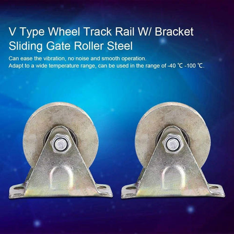 Front view of 2 Inch V Type Sliding Gate Roller Set For Heavy Duty Steel Wheel Track Rail Ideal For Sliding Gates