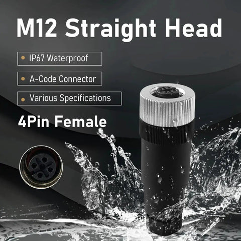 M12 straight head 4-pin female connector with IP67 waterproof feature splash effect, highlighting Ten Pack M12 4 Pin A Code Female Industrial Aviation Connector Waterproof IP67 Sensor Socket Field Assemblable 12mm Circular Socket Panels Adapter Screw Connection