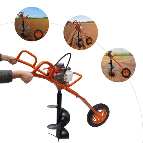 Powerful 63cc 2 Stroke Hole Digger Earth Auger Drill for Quick Potholing and Planting, Gas Powered Boring Machine with 3.15 Inch Drill Bits Included, Hand Push Cart With Single Wheel Kebayuneth shown from various angles in use.