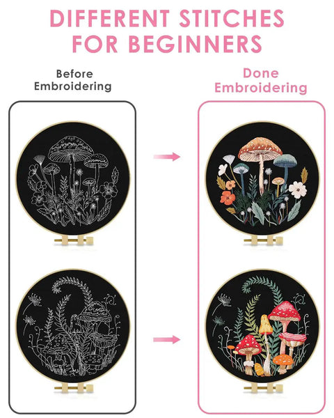 Two Pack Embroidery Kit For Grownups Beginner Friendly With Mushroom Pattern Hoops Tools Colorful Threads Needles And Step By Step Instructions DIY Starter Set showing before and after stitching results.