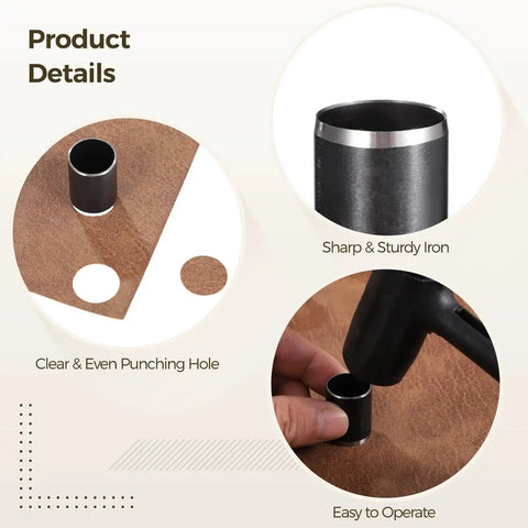 25 Piece Leather Circle Cutter Tool Set With 0.04 to 0.98 Inch Round Hole Dies, showing punch dies on leather with sharp iron edges