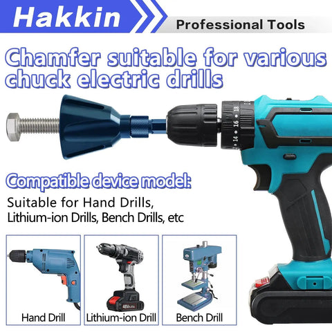 Versatile 4 Pack Burr Busting Deburring External Chamfer Tool Set With Tungsten Carbide Blades By Hakkin shown on drill