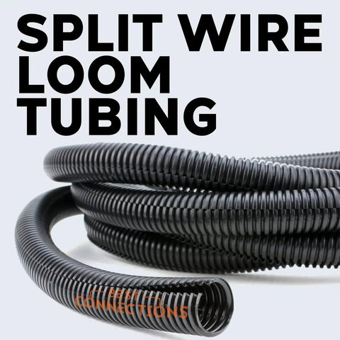 Close-up of black split wire loom tubing, featuring Three Pack Black Pro Grade Split Wire Loom Kit Convoluted Tubing One Quarter Inch.