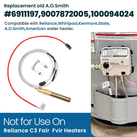 21-inch water heater thermopile with copper tip and red lead; compatible with Reliance, Whirlpool, A.O.Smith.