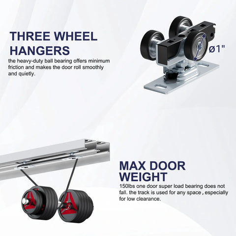 Go To 6 Ft Bypass Closet Door Track Kit With Top Mounted Hardware showing three-wheel hangers and max door weight details