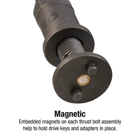 Brake caliper wind-back tool end with magnetic thrust bolts; dark metal, round end plate with two pegs