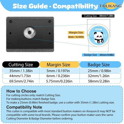 Size guide for Heavy Duty Manual Lever Circle Punch And Button Cutter, showing cutting and badge sizes for 35mm circle cut.