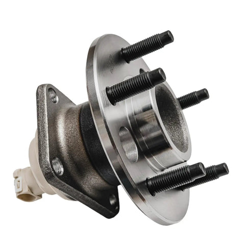 Angled view of Pair Rear Wheel Bearing And Hub Assembly For Fwd Chevy Impala Monte Carlo Buick Allure Regal Lacrosse Pontiac Aztek Trans Sport 5 Lug With ABS Replacement Hubs Easy Install, 5-bolt flange shown.