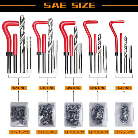 Helicoil Thread Repair Kit With 261 Pieces Includes Installation Tool, Twist Drill, Break Pin, Tap, Thread Inserts And Hex Keys For Metric M5 M6 M8 M10 M12 And SAE 1/4, 5/16, 3/8, 7/16, 1/2 Inch Rethreading Kit For Auto, Motorcycle, And Machinery showing SAE size tools and inserts.