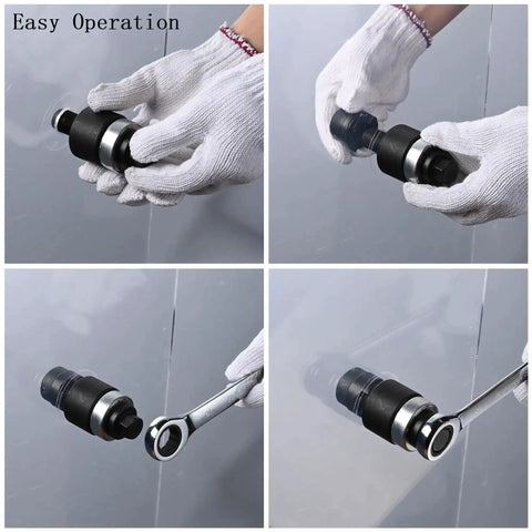 Using Beefy 6 Ton Manual Knockout Hole Punch Kit with Ratchet on metal panel, easy operation for conduit holes, includes six die set.