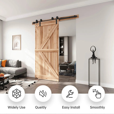 5.5 Foot Bypass Double Sliding Barn Door Hardware Kit With Single Track For 38 Inch Doors installed in living room