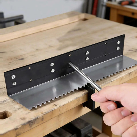 Heavy Duty Metal Folding Tool For Sheet Metal Bending And Forming With A 15.94 Inch Length And 12.8 Inch Handle Ideal For Roofing Panels And HVAC Ductwork Bends At Three Eighths And One Inch Depths With Sight Holes For Precise Seaming on a wooden workbench with hand operating the tool