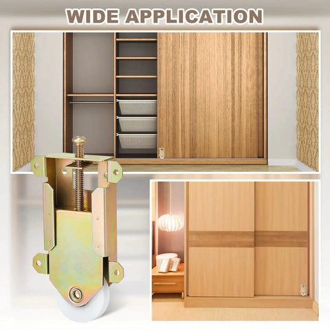4 Pack 2-1/2 Inch Sliding Mirror Closet Door Roller Wheels Replacement Assembly With 1-1/2 Inch Nylon Concave Ball Bearing Wheels Fits Sliding Glass Screen Doors Hardware Bolts Excluded, showing closet installation.