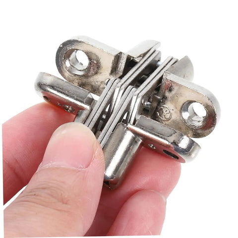Close-up of Hidden Zinc Alloy Cabinet Door Hinges 2 Piece Set Thick Design Heavy Duty For Furniture Repair Wardrobes And Folding Tables.