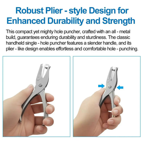Two Pack One-Eighth Inch Small Hole Punch, Metal Handheld Mini Circle Hole Punch in hand, shown for durability and plier-style design.