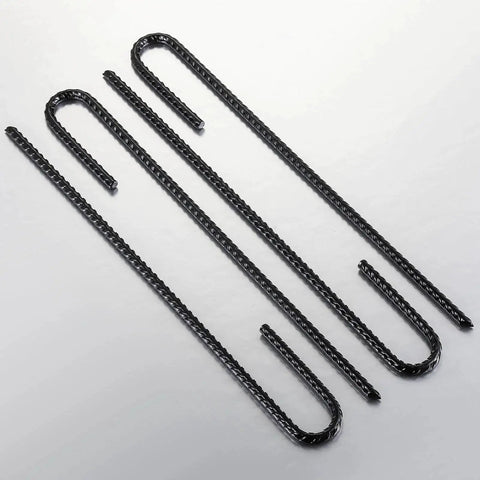 Extra Heavy Duty UJ Hook Rebar Ground Anchors Twelve Inch Long By One Quarter Inch Diameter Rust Proof Coated Steel For Garden Tent And Trampoline Fifty Pieces J Hook For Outdoor Use To Secure Tents Canopies Play Equipment In Wind, arranged in a row, visible from above