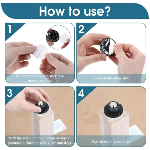 Installation guide for 16 Pack Self Adhesive Caster Wheels, showing step-by-step peel-and-stick process on furniture.