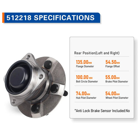 Image showing Rear Wheel Hub And Bearing Assembly For 2003 To 2008 Pontiac Vibe, 2000 To 2005 Toyota Celica, 2003 To 2008 Corolla And Matrix FWD Non ABS Premium Replacement with specifications.