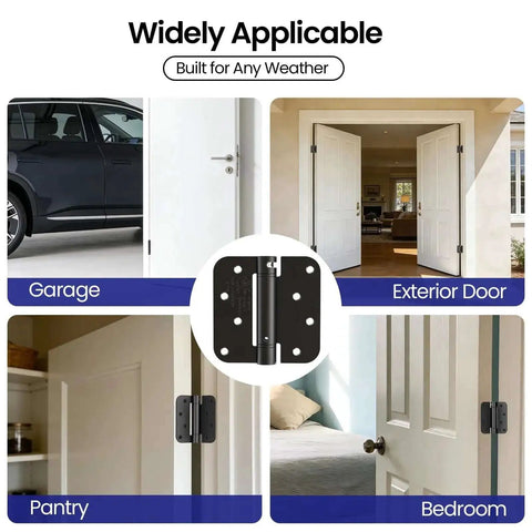 Self Closing Door Hinges 4 Inch Matte Black Spring Loaded Five Eighth Inch Radius Corners Adjustable Tension for Garage and Doors