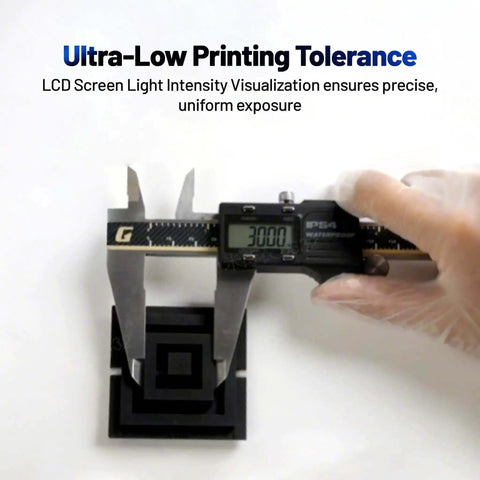 Person measuring 3D printed part with caliper showcasing RS Resin 3D Printer With Beefy 8.74 By 4.8 By 8.98 Inch Build Volume For Parts