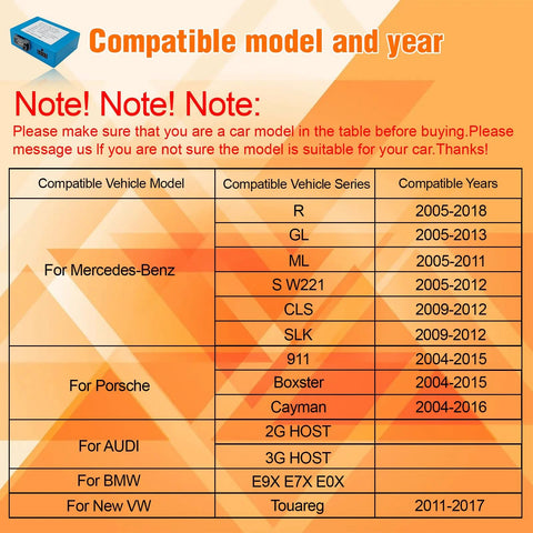 LEXXSON optic fiber decoder module in blue beside an orange compatibility chart for Mercedes-Benz, Porsche, Audi, BMW.