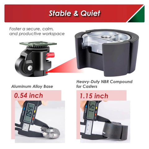 Heavy Duty Leveling Casters For Workbenches And Machinery, 4 Pack, showing aluminum alloy base and NBR compound, Black Fizar.