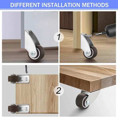 4 Pack 1 Inch Small Rigid Caster Wheels Low Profile Fixed Casters For Furniture Mounting Horizontal Or Vertical Install Rubber Roller Wheels For Side Mount Or Plate Applications In Side Sliding And Pull Out Projects shown installed horizontally and vertically on wooden furniture